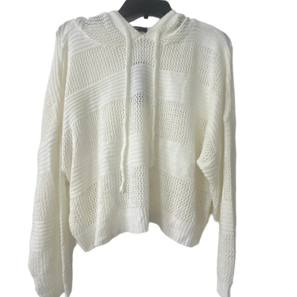 LULUS NWT Ivory Open Knit Cropped Hooded Sweater Beachy relaxed Casual Layering